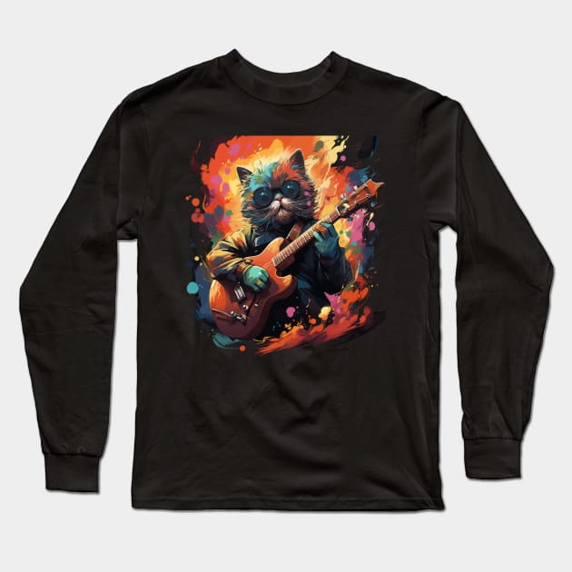 Exotic Shorthair Playing Guitar Long Sleeve T-Shirt by JH Mart